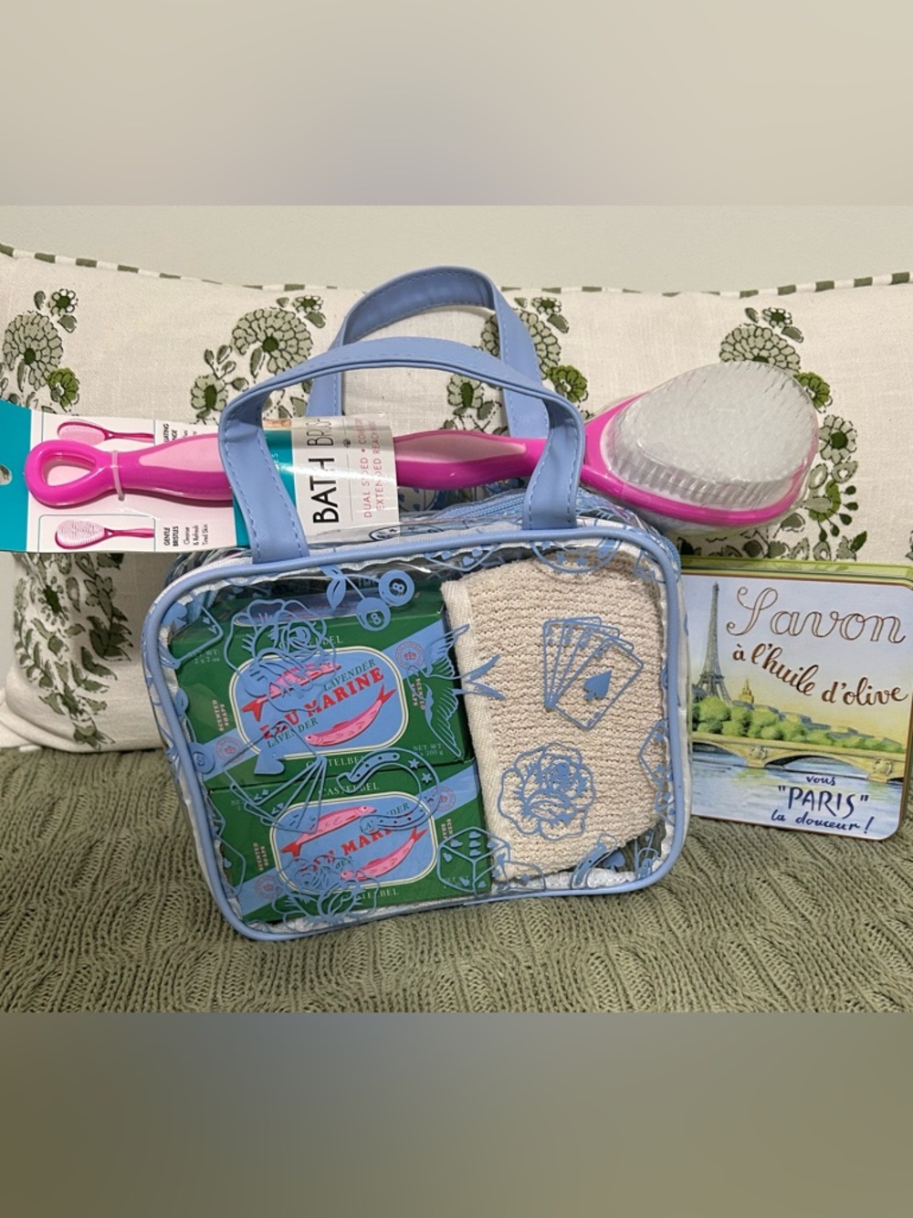 Wellness Bath Bundle: Blue/Clear Vinyl Toiletry Bag, Imported Soaps & Bath Brush